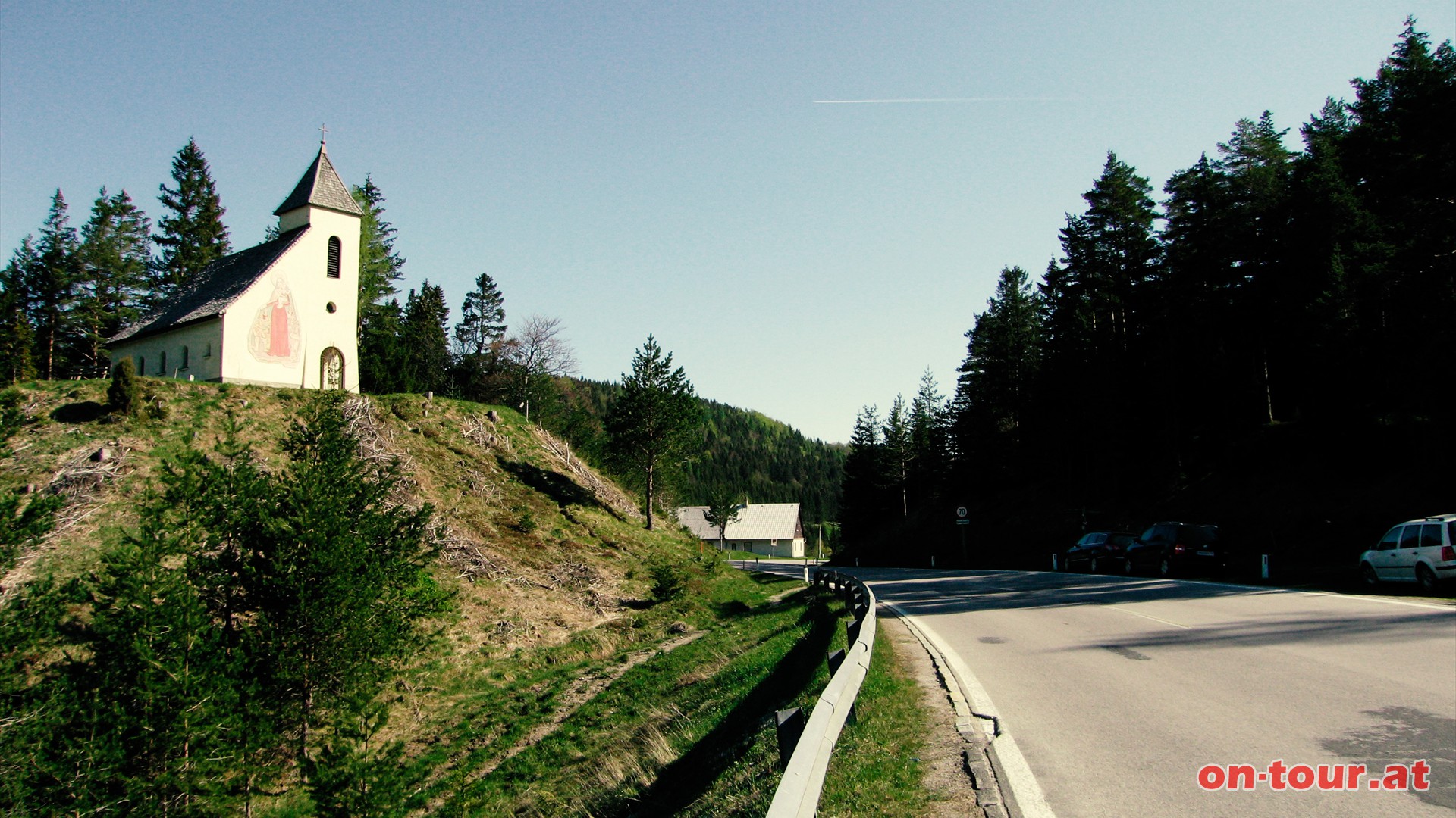 Tourstart beim Kirchlein Maria am Gscheid zwischen Mariazell und St. Aegyd (B 21).