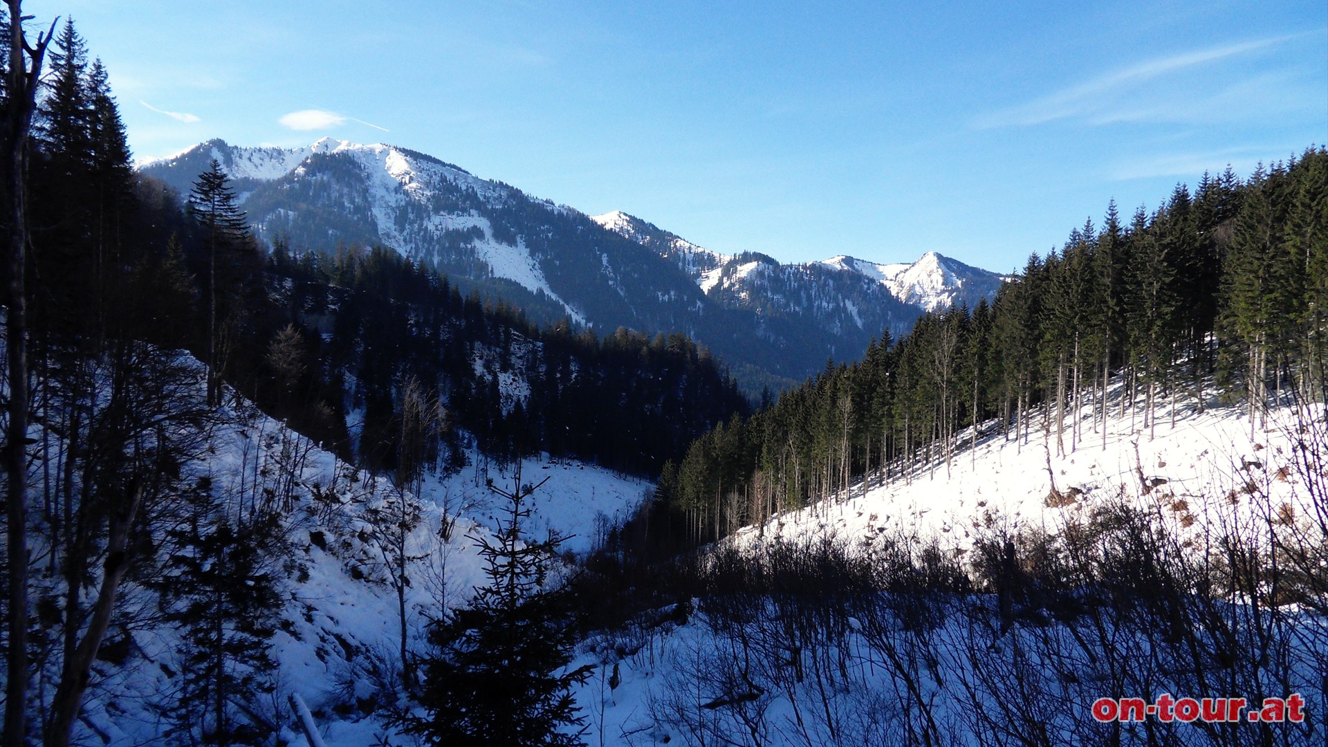 Der Winterweg fhrt durch den Schrckengraben bergauf. Rckblick ins Johnsbachtal.