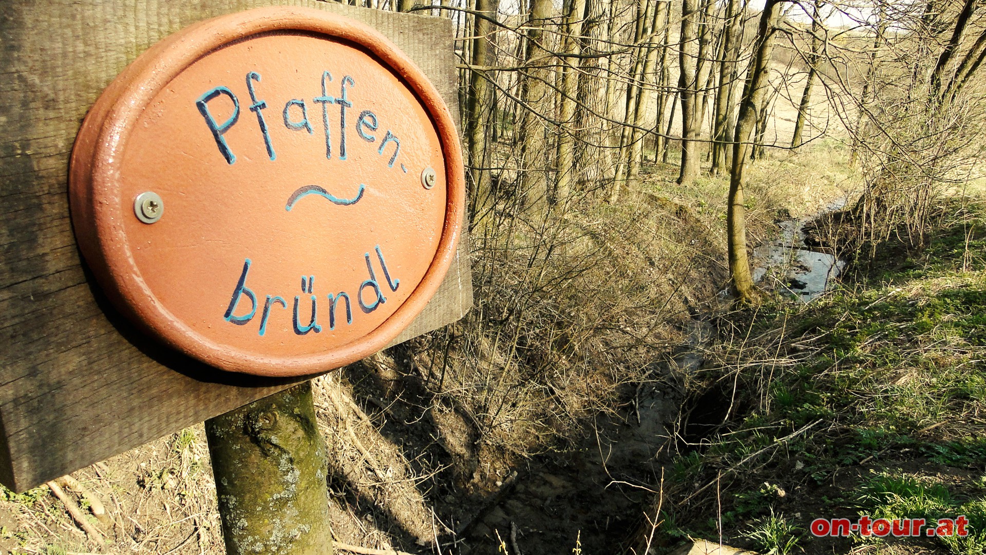 Nun die Landstrae bergab. Bei der ersten Mglichkeit rechts entlang der Forststrae, dann links hinunter zum Pfaffenbrndl. Den Bachverlauf weiter bis......