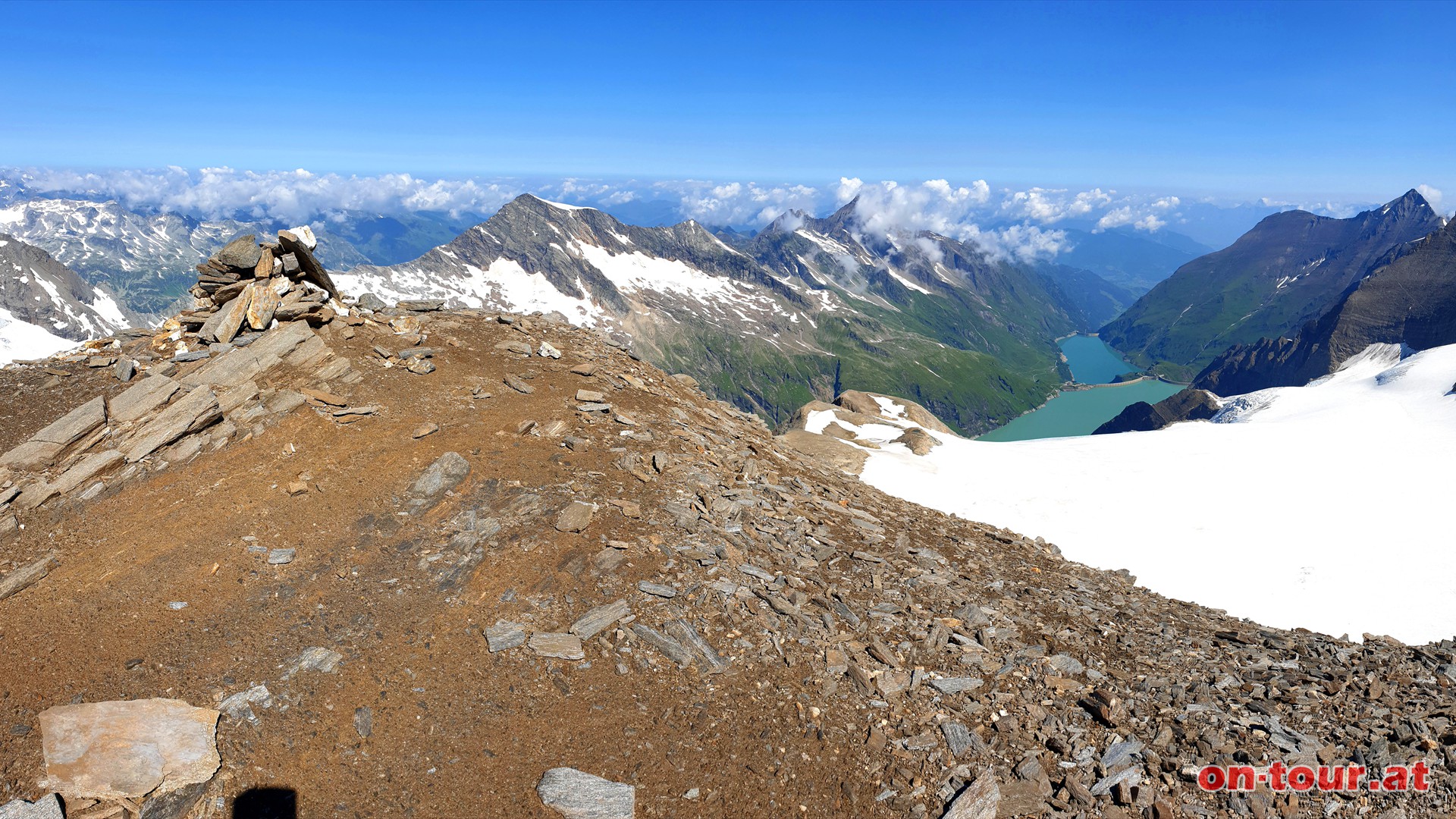 Mittlerer Brenkopf; NW-Panorama mit Stausee Mooserboden und Hocheiser.