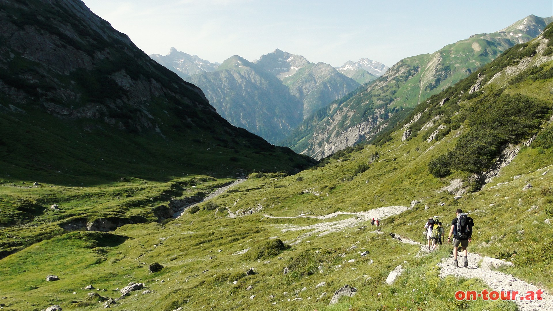 Rckblick zu den Lechtaler Alpen; links die Wetterspitze, in der Mitte die grasberzogene Peischelspitze, danach die Grietaler Spitze und rechts hinten die Fallesinspitze.