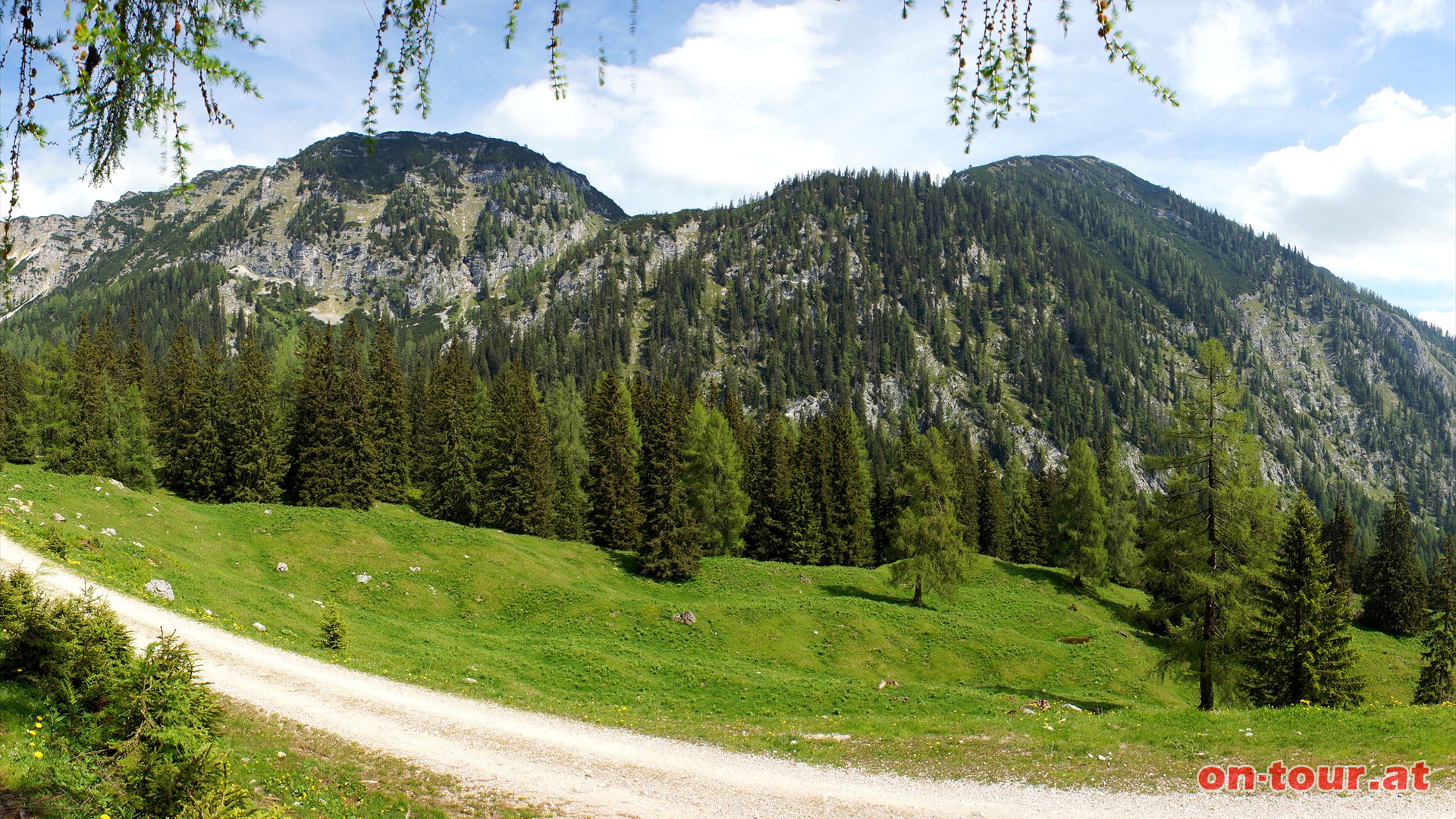 Weiter geht es zur Lampolteralm und zum Sattel. Im Norden erheben sich der Raidling und die Weienbacher Mauern.