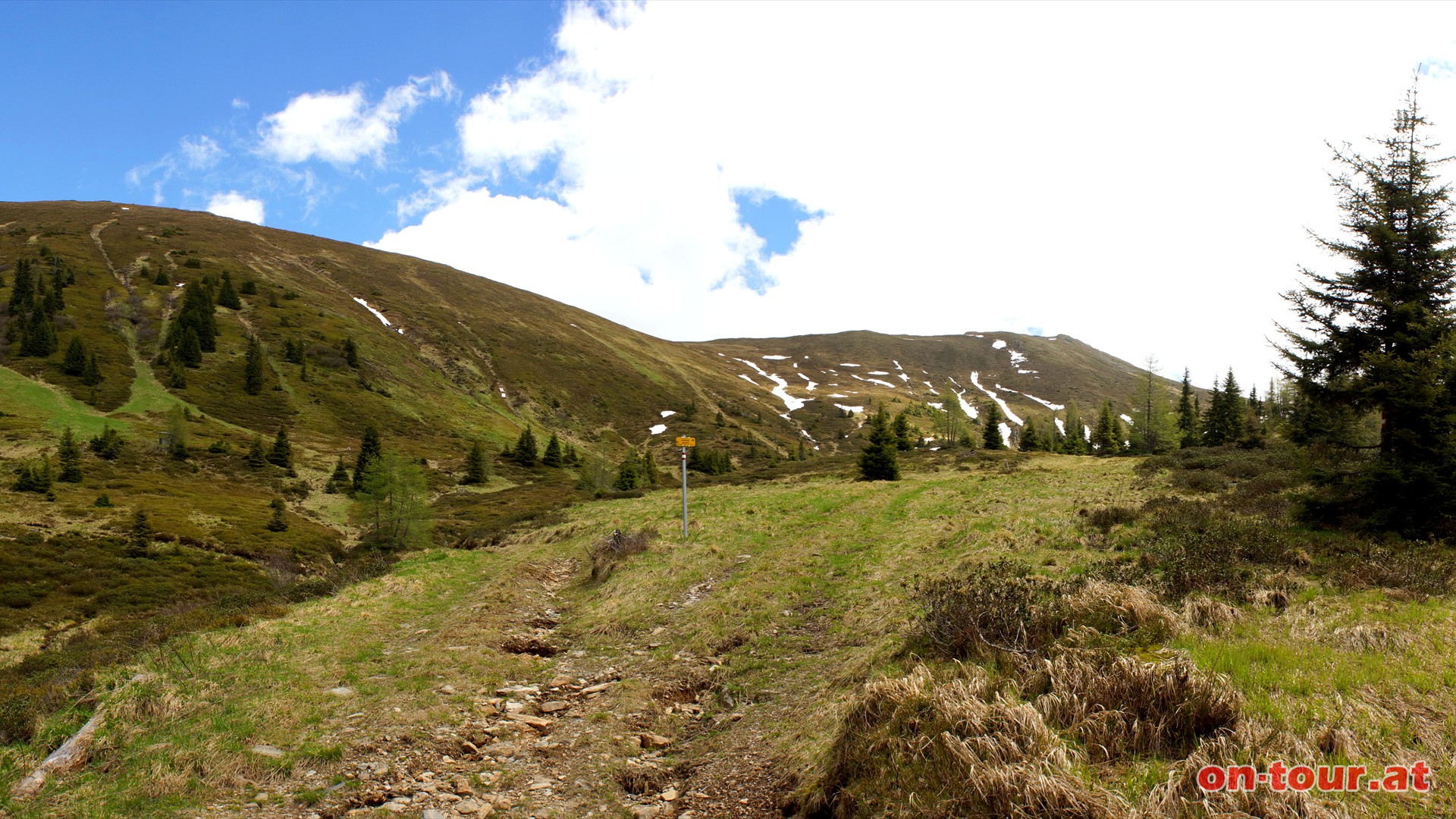 Am Almweg bergauf. Links das Sommereck und rechts bereits der Hochschwung.