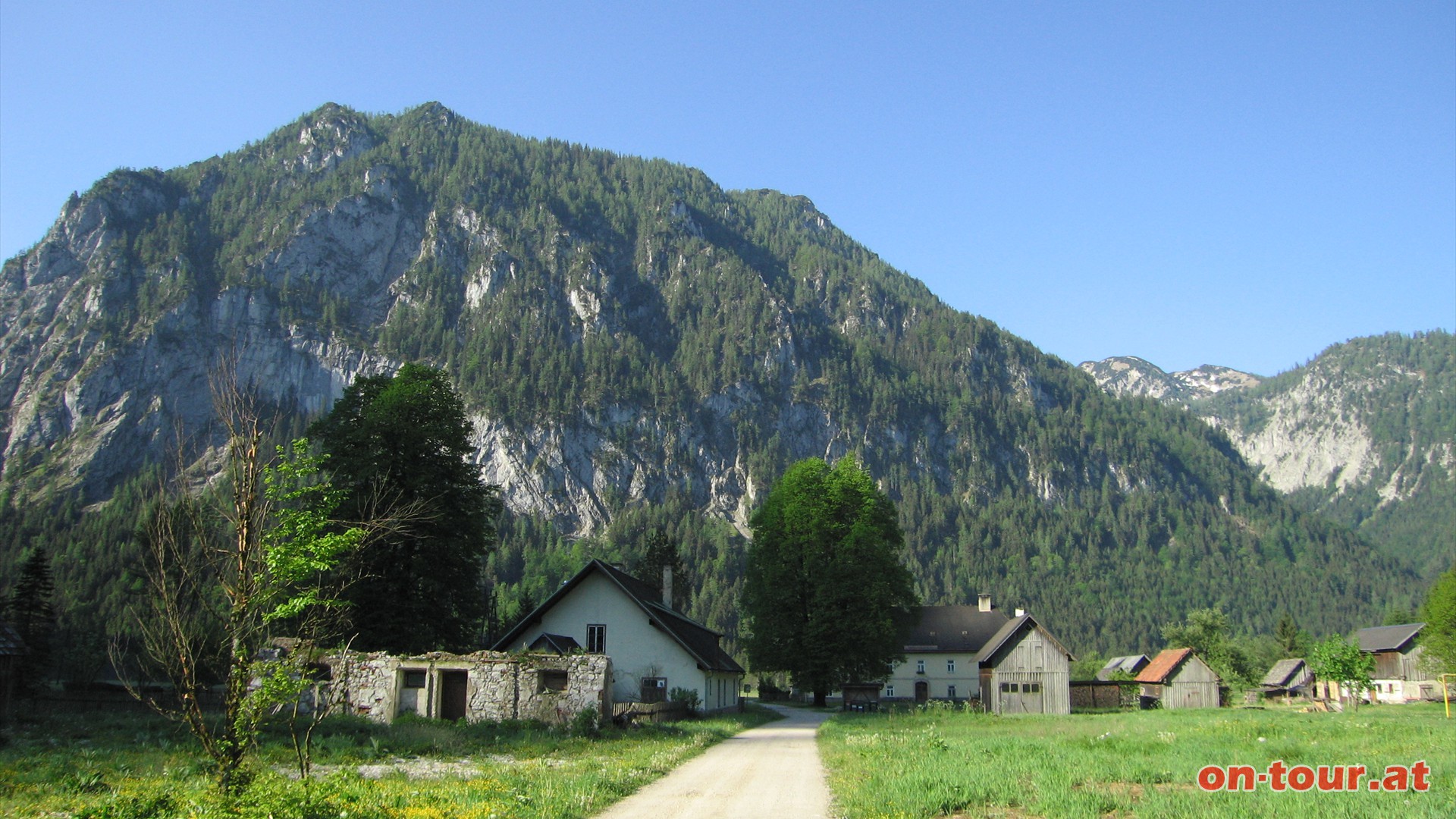 Tourstart in Rotmoos. Die Forststrae Richtung Norden. Noch ein Blick retour - der Ameiskogel thront ber Rotmoos.