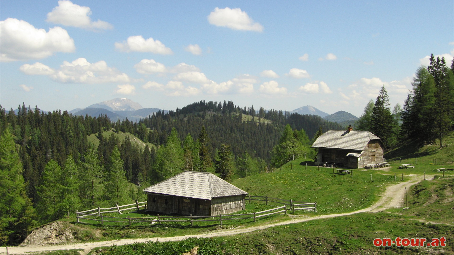 Der weitere Anstieg erfolgt nun auf Wanderwegen. Beim Rückblick zur Hütte tauchen bereits Ötscher (links) und Gemeindealpe (rechts) am Horizont auf.