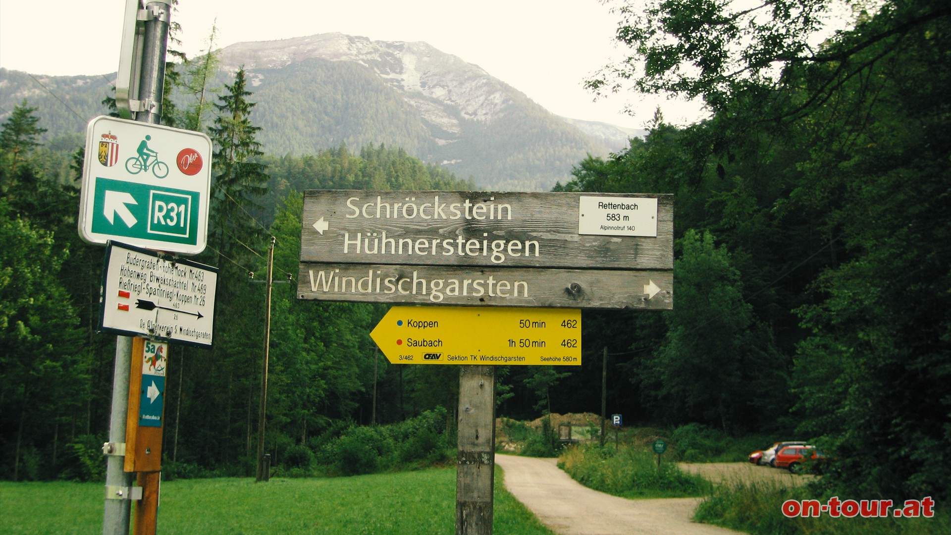 Tourstart am Parkplatz in Rettenbach (bei Rading, Windischgarsten). Im Hintergrund der Hagler.