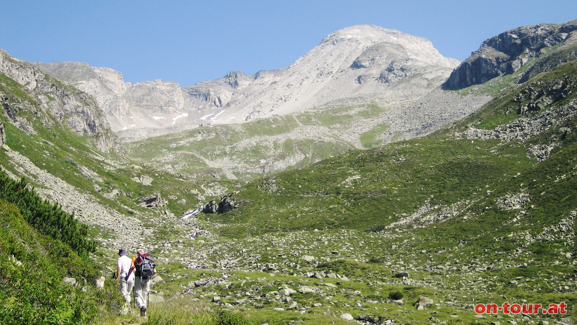 Kurz nach der Friesenbergalm, im Albleck, erffnet sich freie Sicht auf den Hohen Riffler.