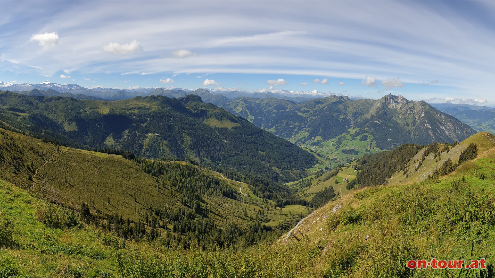 Kitzstein SW-Panorama; Großarltal, im Hintergrund die Ankogel-, Goldberg- und Glocknergruppe.