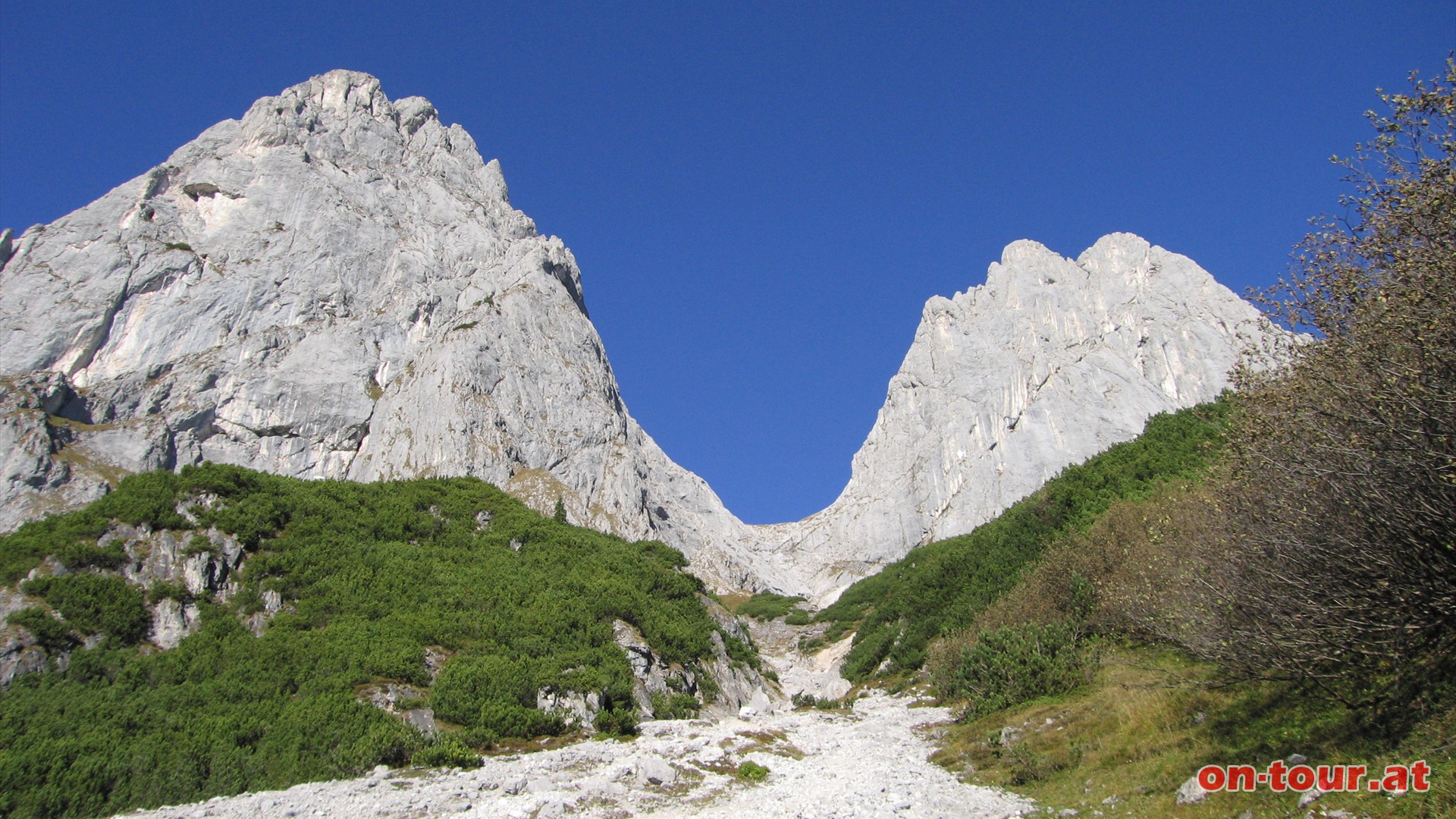 Die Latschenbestnde umschlieen das Tennengebirge mit einem fast durchgehenden etwa 200 m breiten Band unterhalb der Steilabstrze. In der Latschenzone stoen wir auf den Abzweig zur Werfener Htte. Hier knnte man kurz aufsteigen und ber die Werfener Htte den gleichen Weg wieder zurck nach Werfenweng einschlagen. Wir whlen die Variante ber Mahdegg und Lampersbach.