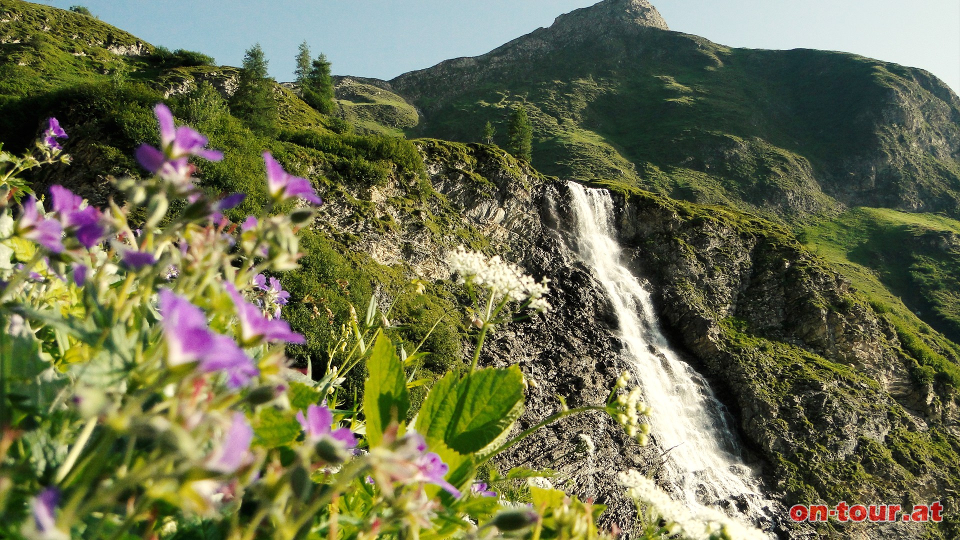 Saftige und farbenprchtige Wiesen schmcken das Gelnde. Der Seekogel zeigt sich ber dem Wasserfall.