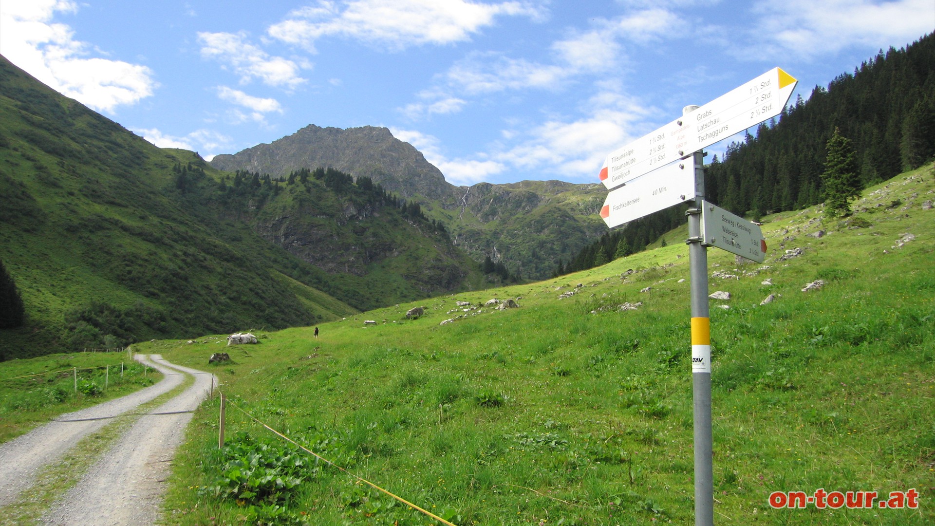 Ab Gampadelsalpe gehrt die Forststrae der Vergangenheit an. Frische, saftige Wiesen und weicher Waldboden sind angenehme Untergrnde. Rechts, Richtung Seeweg, Kessiweg und Tilisunahtte geht es weiter (rote Markierung).