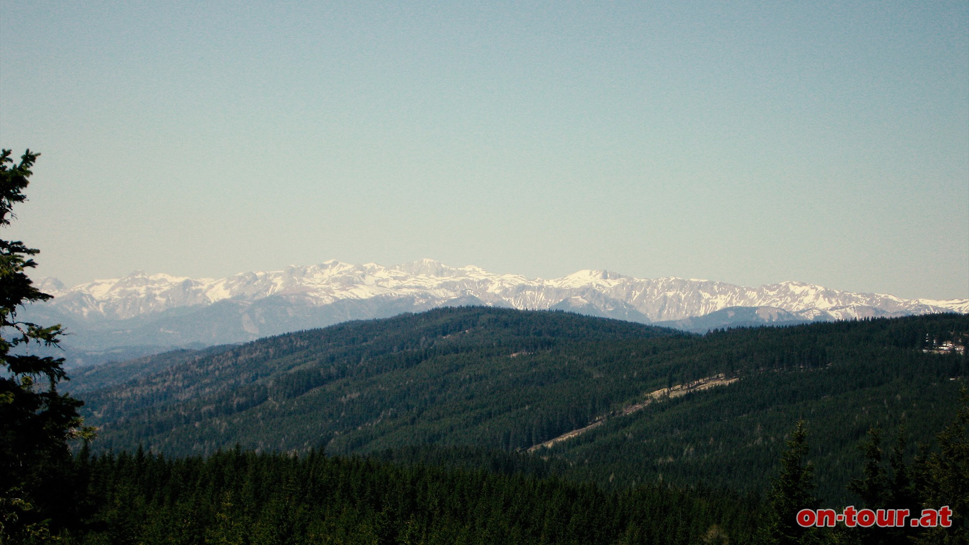Im Westen das langgestreckte Hochschwab-Gebirge.